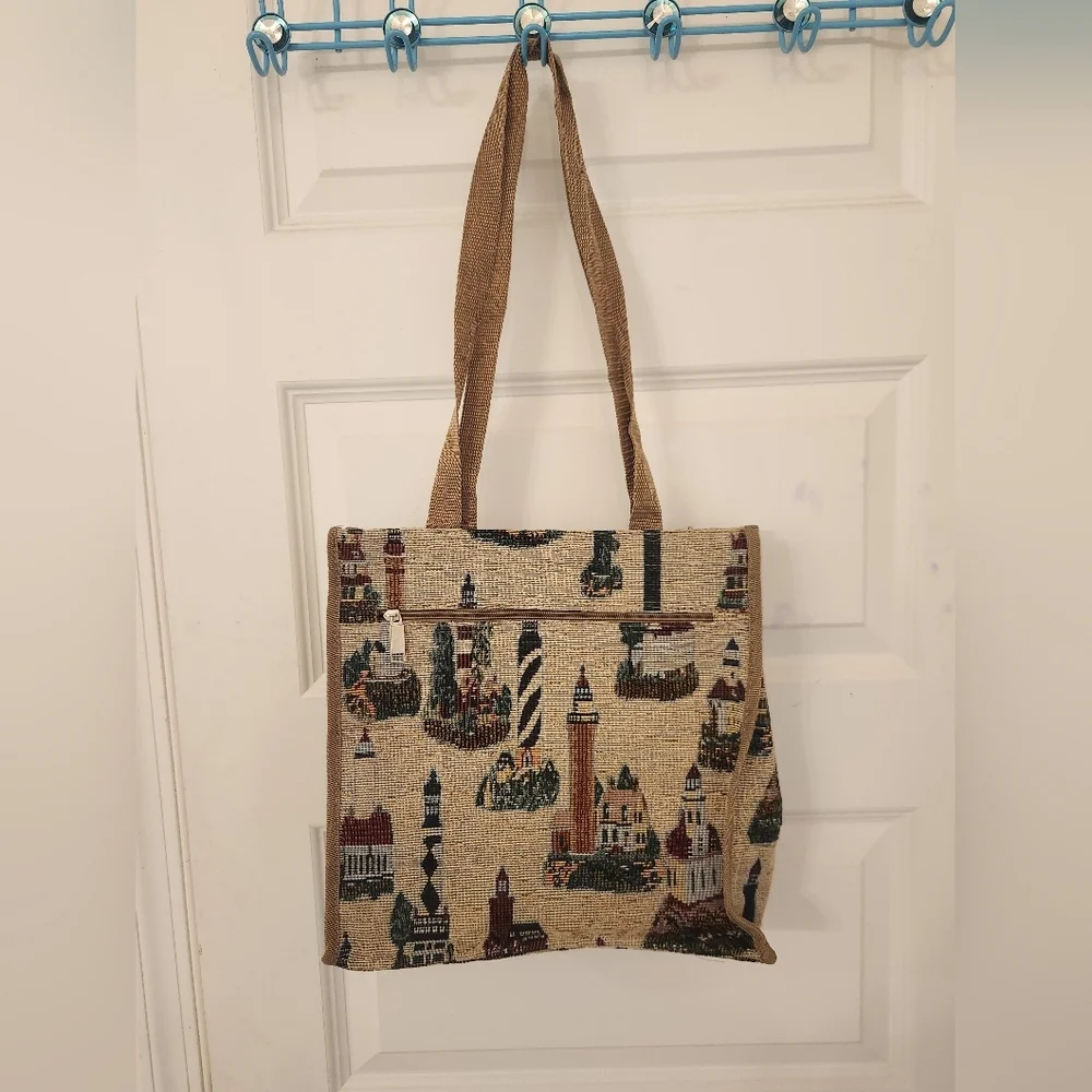 Women's Lighthouse Shopping Tote Beach Handbag Travel  Zippered W/ Coin Purse #O